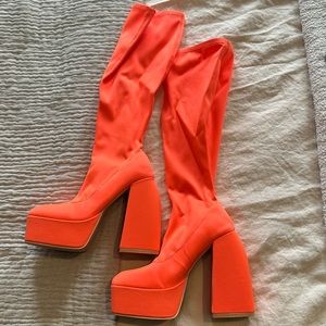 Platform Knee Boots - Neon Orange